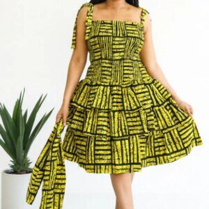 Flounce Dress: Smocked Bodice, Matching Head Scarf (M-2XL)